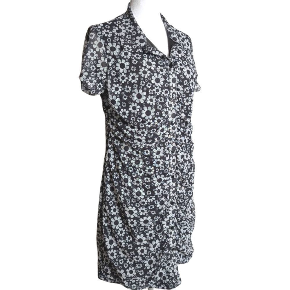 Birch & Stone Black & White Floral Daisy Mesh Button Down Collared Dress XL